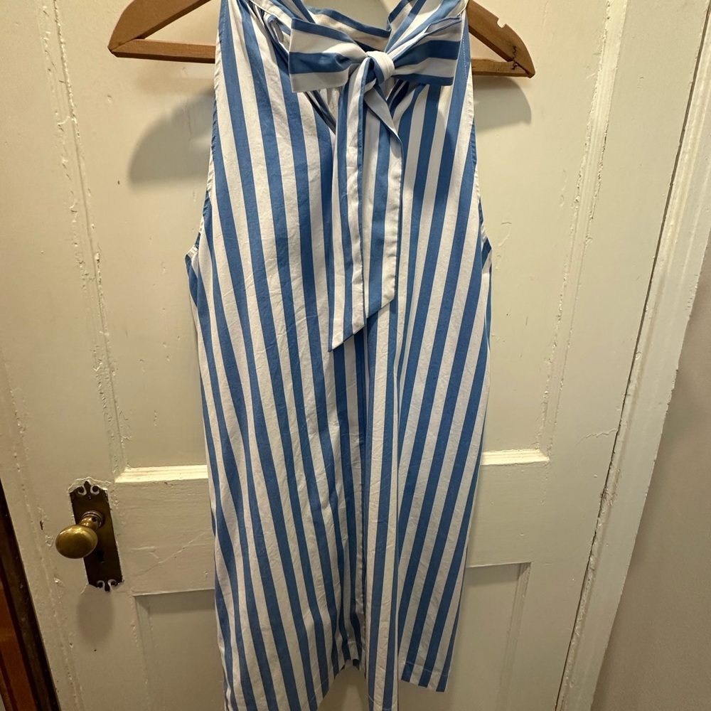 💙🤍 JCrew Blue and White Striped Halter Bow Tie neck Dress